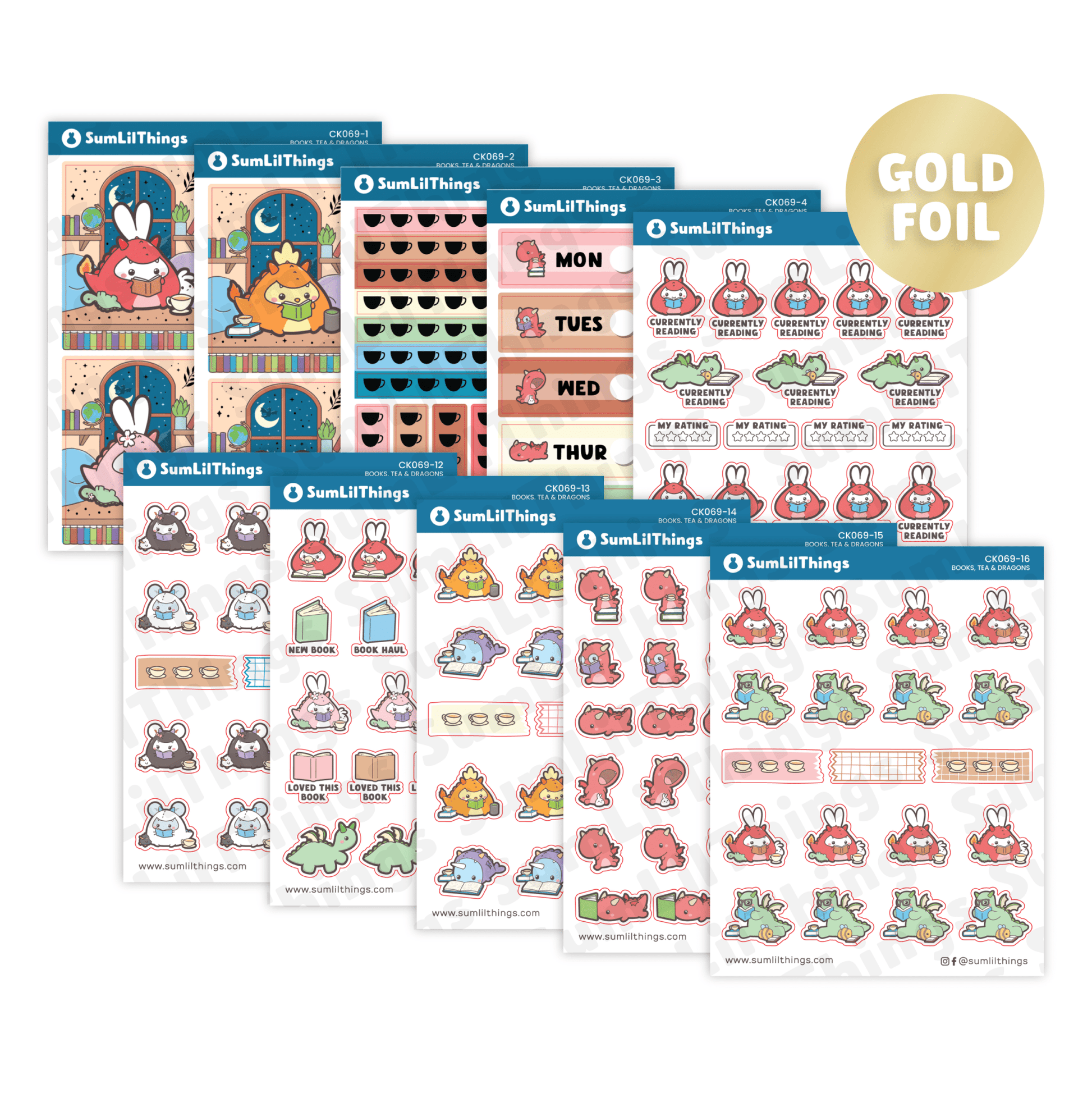 Decorative Kit - Books, Dragons & Tea (10 Pages) - Gold Foil - SumLilThings