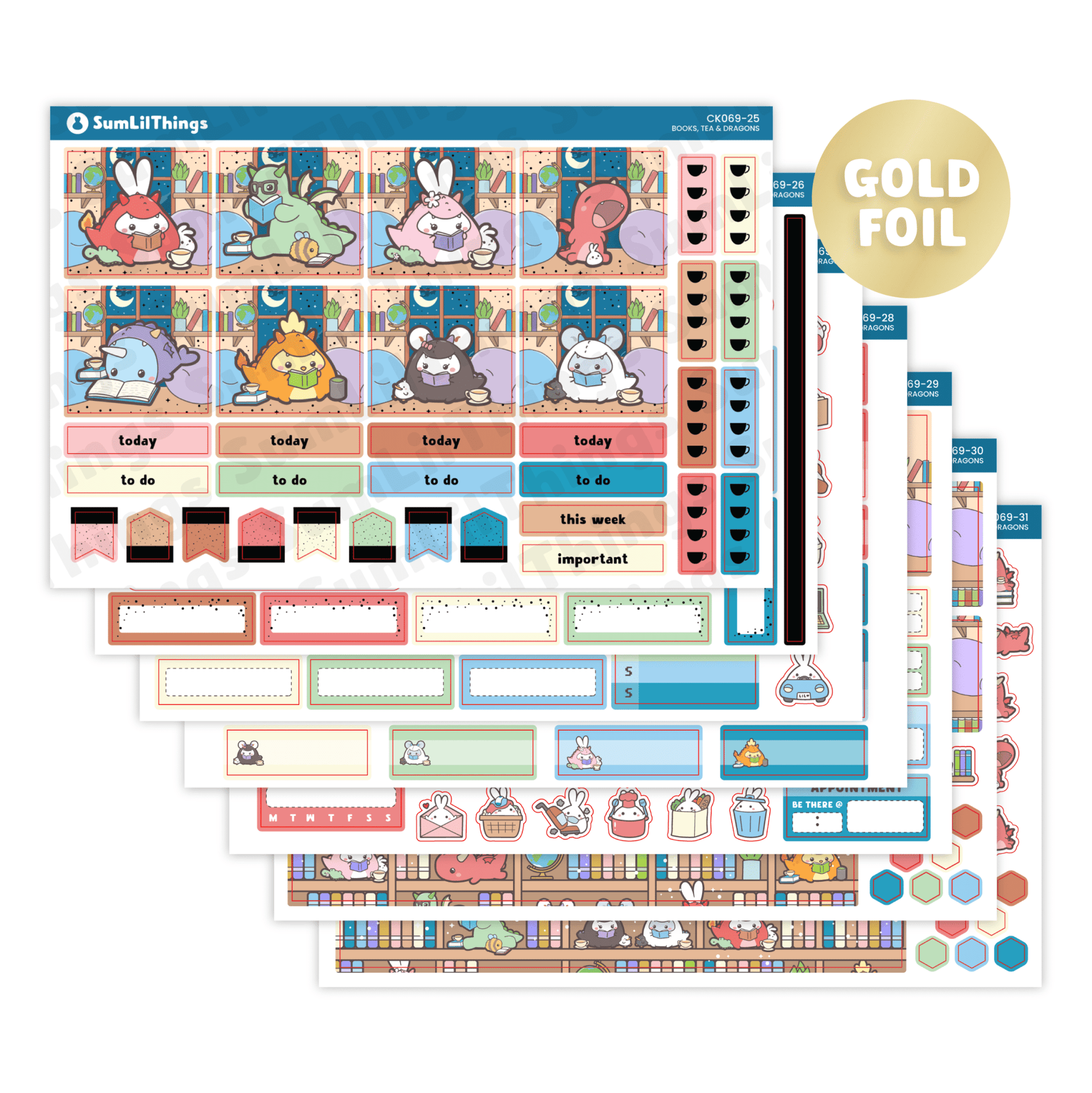 Hobonichi COUSIN - Books, Dragons & Tea - Gold Foil - SumLilThings