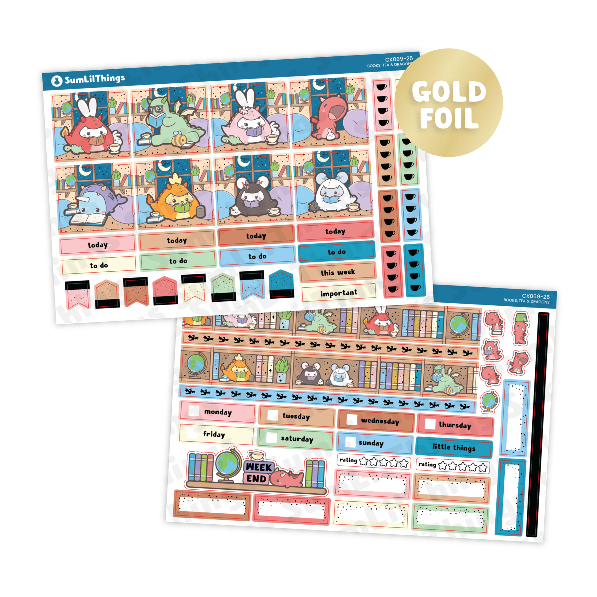 Hobonichi COUSIN - Books, Dragons & Tea - Gold Foil - SumLilThings